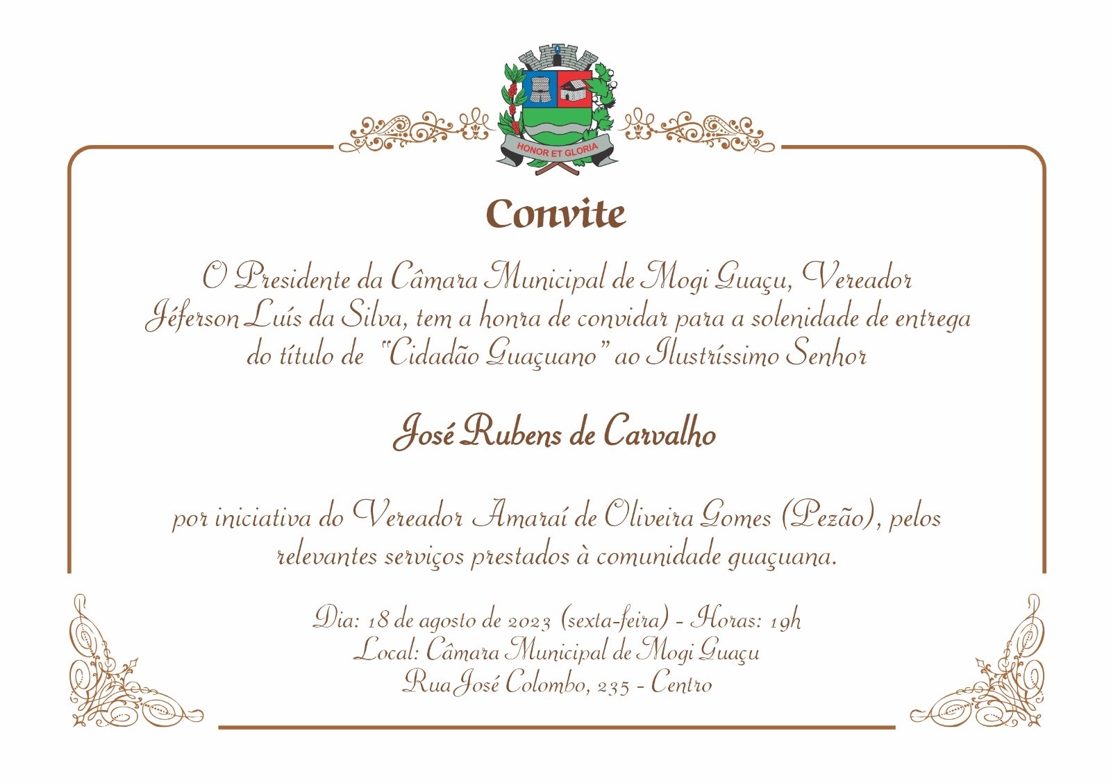 José Rubens de Carvalho recebe amanhã o título de Cidadão Guaçuano