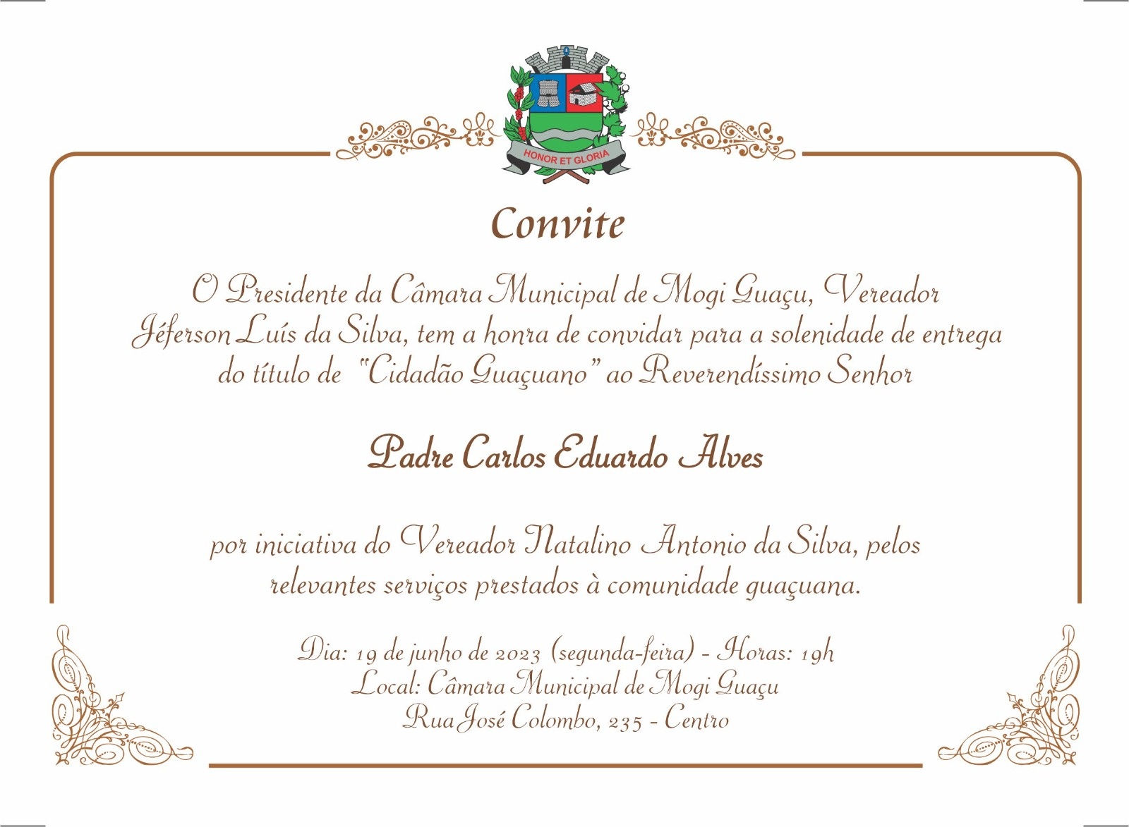 Título de Cidadão Guaçuano ao Padre Carlos Eduardo Alves