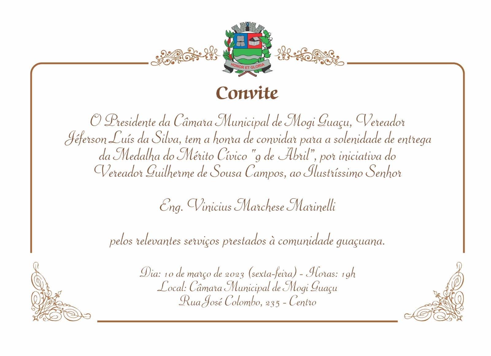 Medalha do Mérito Cívico “9 de Abril” será entregue ao engenheiro Vinicius Marchese no próximo dia 10